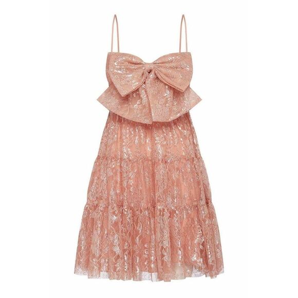 Alice McCall Slow Drive Bow Mini Dress in Blush Pink US 8 Metallic Lace